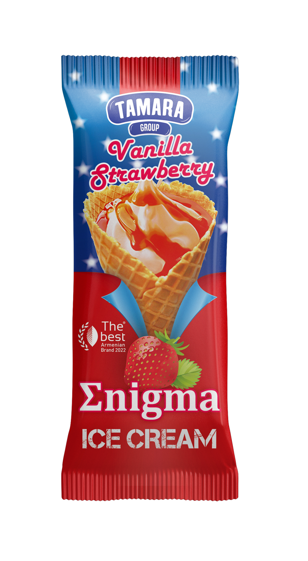"Enigma" waffle vanilla cone, strawberry glazed