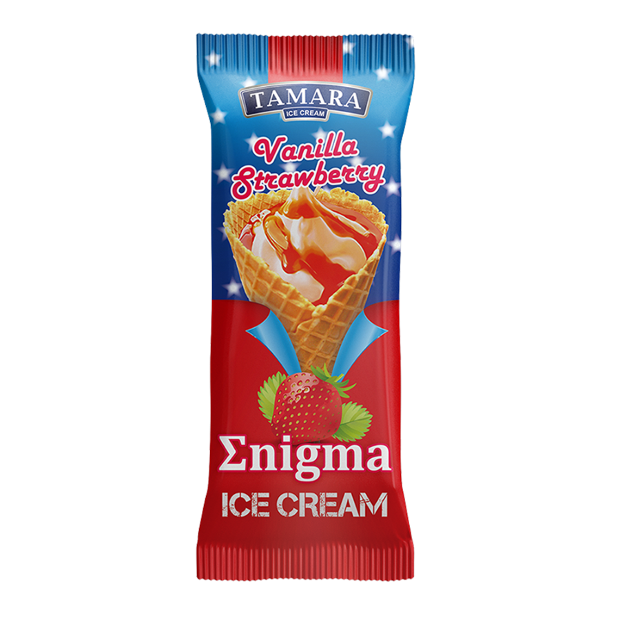 "Enigma" waffle vanilla cone, strawberry glazed
